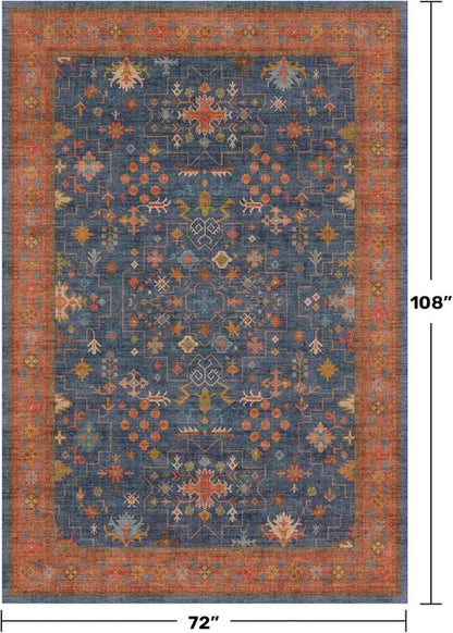 Hazo Haus 6x9 Dining Room Rug - Washable Low Pile Non-Slip Area Rug in Navy Blue & Terracotta