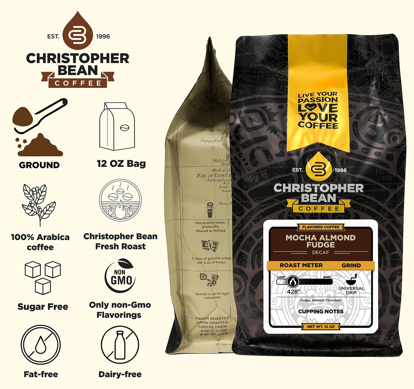 Christopher Bean Coffee Decaf Coffee Ground - Mocha Almond Fudge Flavored Coffee, Decaffeinated Coffee w/Non-GMO Flavoring, Arabica Coffee Beans, Makes 30 Cups, Non-Dairy & Sugar-Free, 12 oz