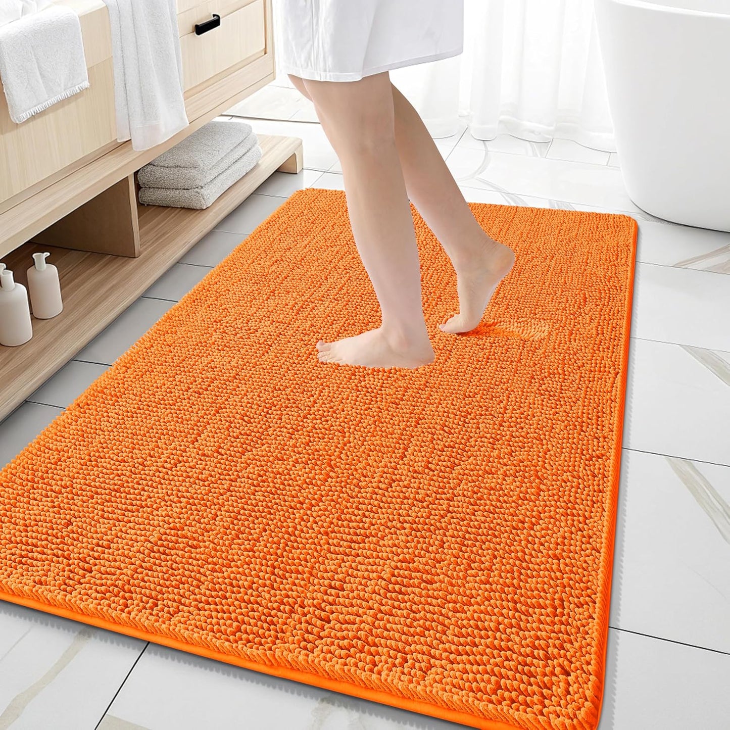 OLANLY Large Bathroom Rugs - Extra Soft Chenille Bath Mats | Quick Dry, Machine Washable, 59x35, Orange