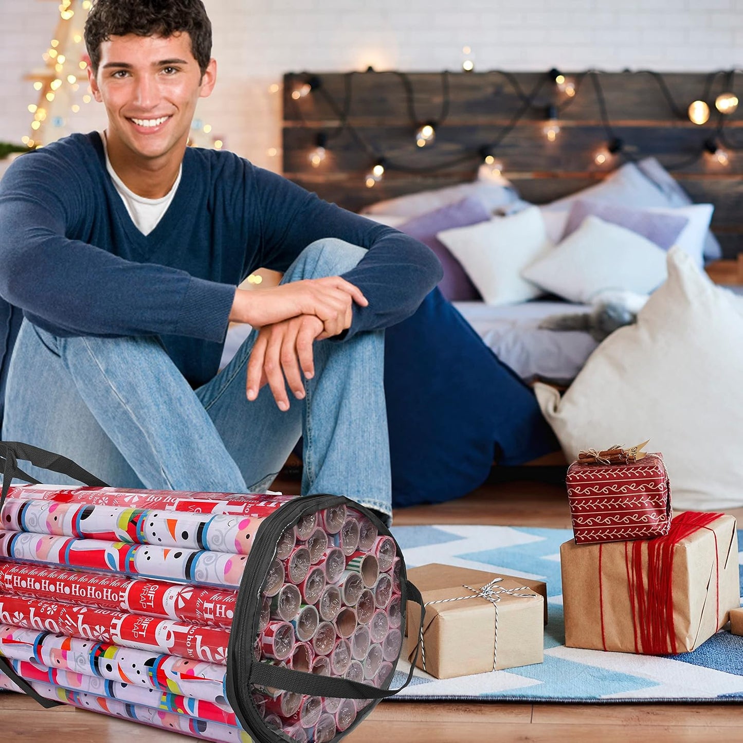 Primode Wrapping Paper Storage Bag - Heavy Duty Organizer for 24 Rolls | Fits 40-Inch Long Rolls, Clear PVC