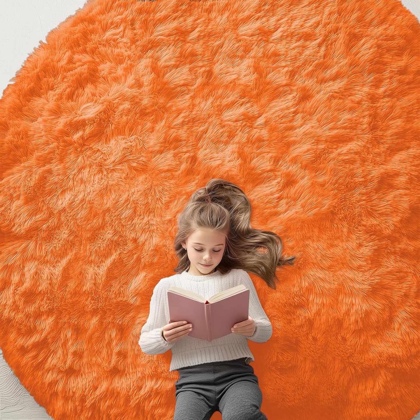 OLANLY Orange Round Area Rug - Soft, Fluffy, Machine Washable 8 ft Circle Carpet for Bedroom & Living Room