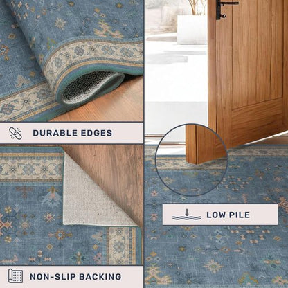 Hazo Haus Blue Area Rug - Dusty Blue 10x12 Washable Floral Design for Living Room & Bedroom Decor