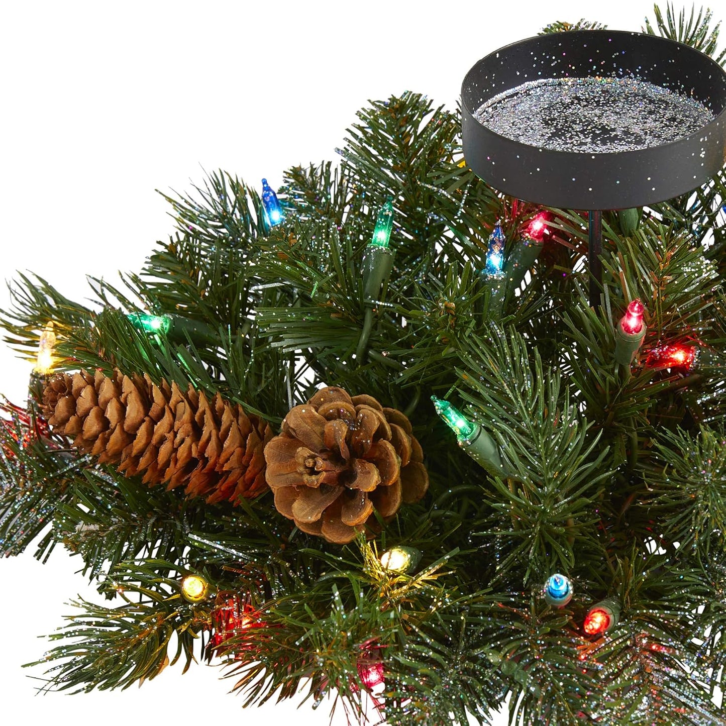 Nearly Natural 20-Inch Flocked Christmas Pine Candelabrum - Glittered with 35 Multicolored Lights & Pine Cones