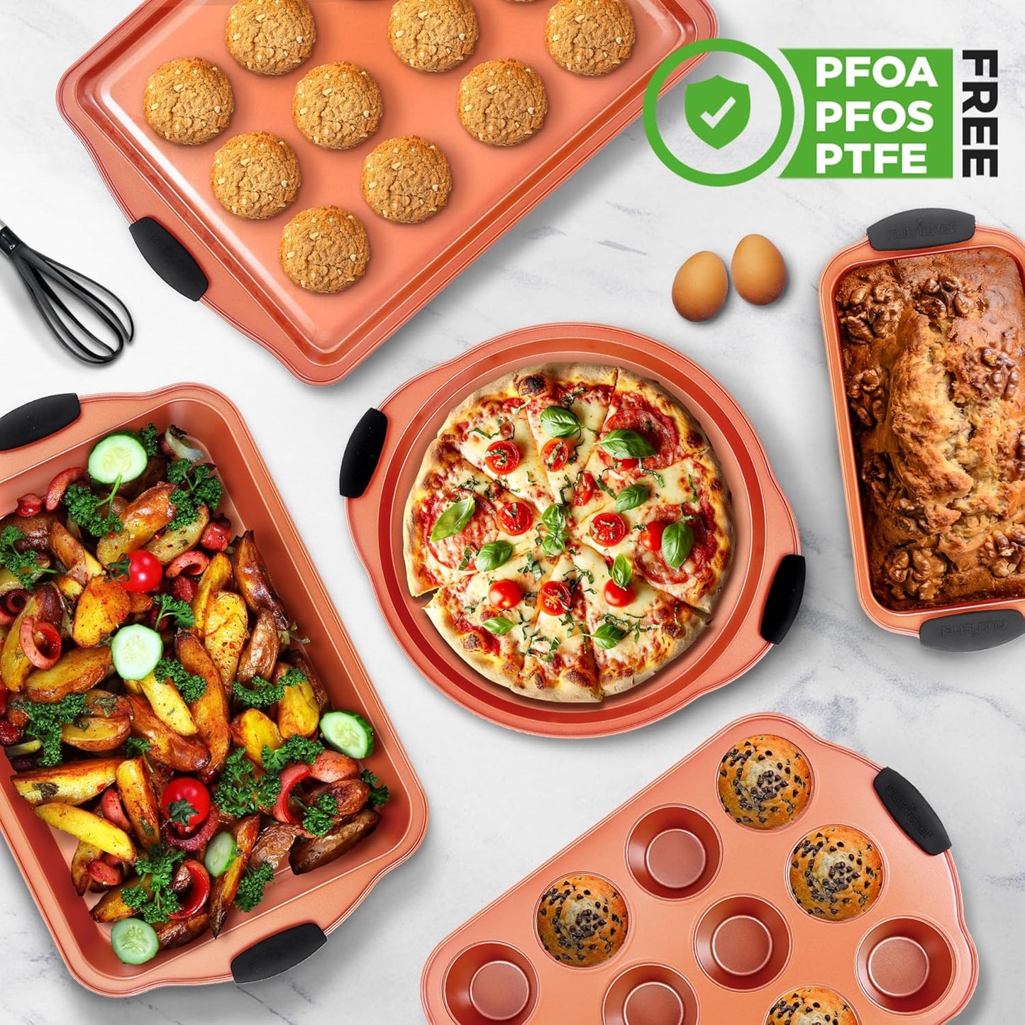 NutriChef 8-Piece Nonstick Baking Pans Set - Durable Carbon Steel Bakeware with Heat-Safe Silicone Handles - Rose Gold