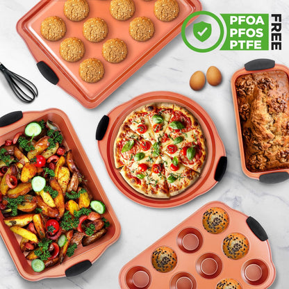 NutriChef 8-Piece Nonstick Baking Pans Set - Durable Carbon Steel Bakeware with Heat-Safe Silicone Handles - Rose Gold