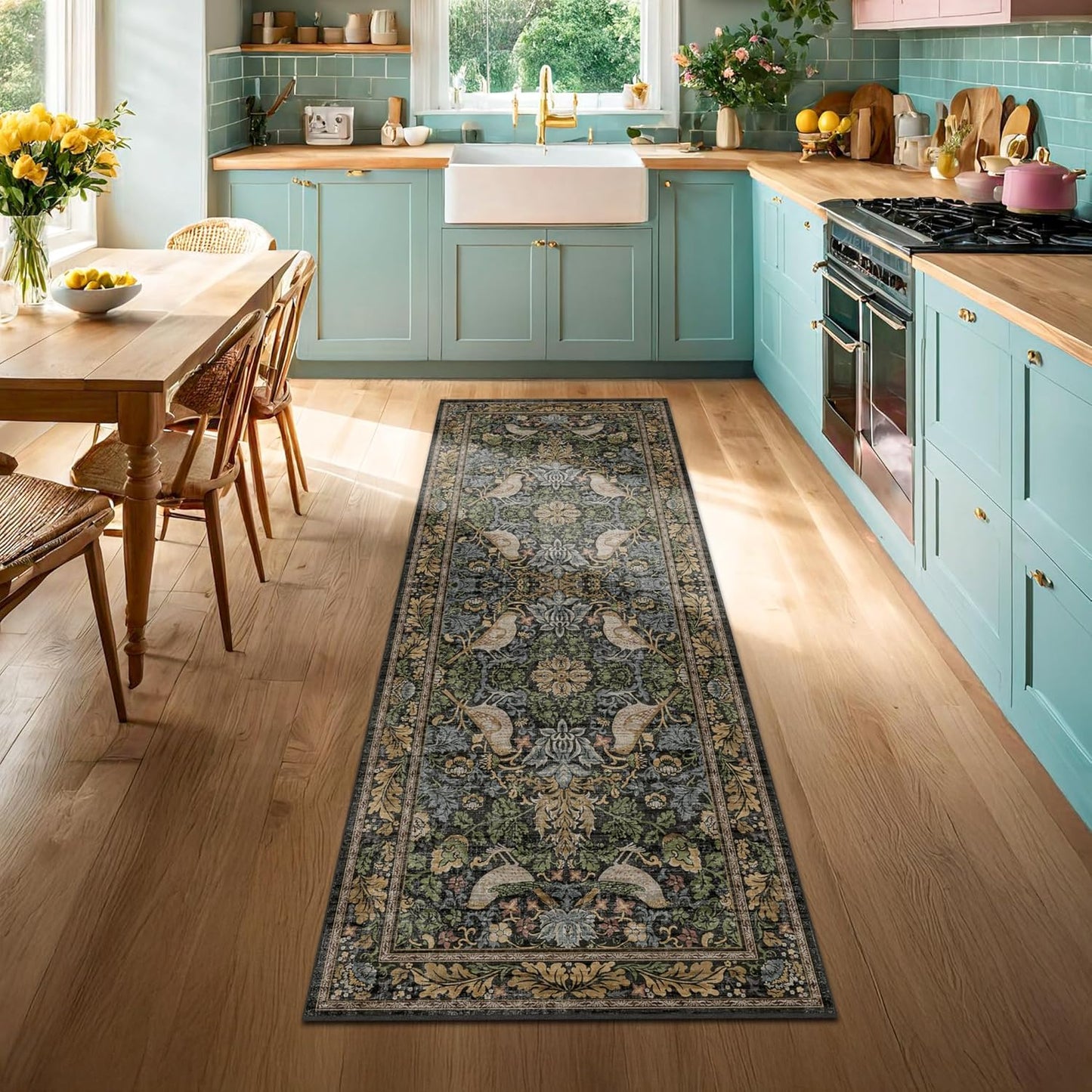 Skiennix Floral Kitchen Runner Rug - Boho Birds & Leaves Pattern | 2x6 Non-Slip, Washable Design for Hallway & Entryway