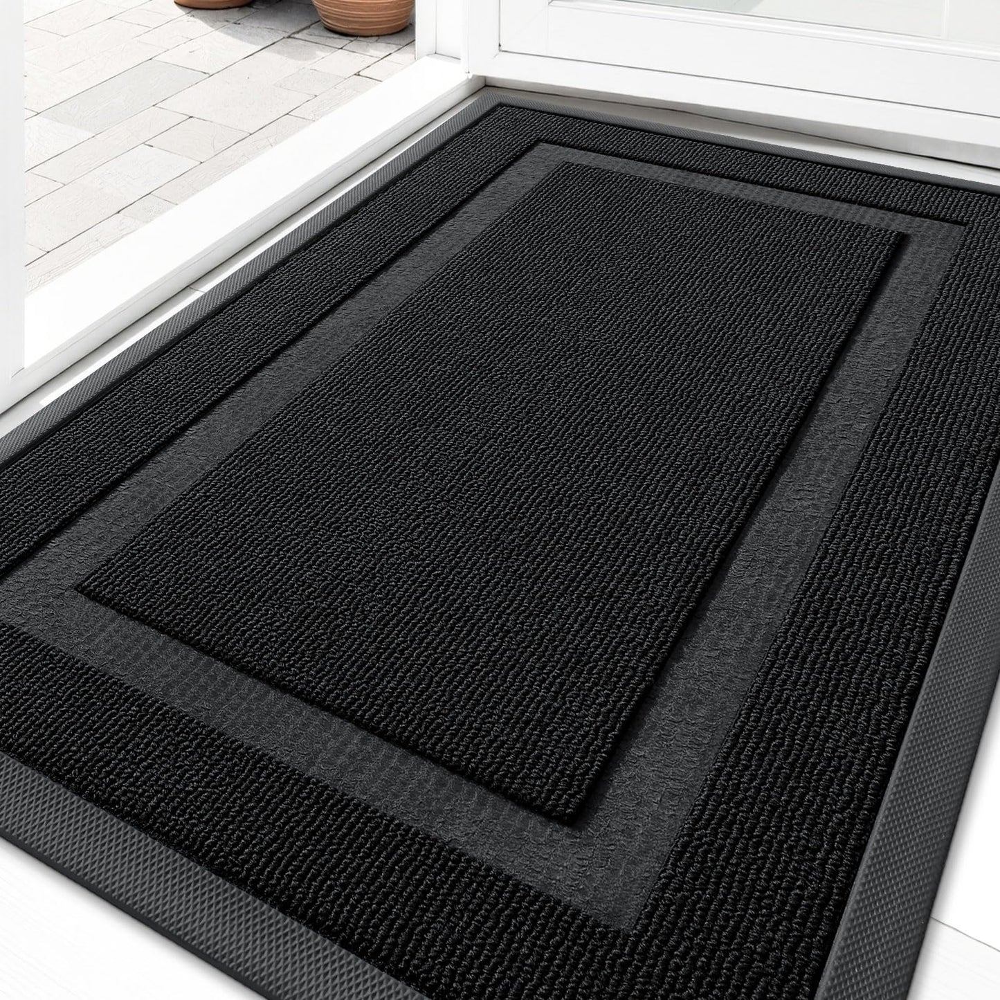 OLANLY Front Door Mat Indoor Outdoor Entrance, Waterproof All-Season, All-Weather Doormat, Sturdy Natural Rubber, Fade Resistant, Low Profile, Easy Clean Patio Porch Entryway Mat, 29.5x17, Jet Black