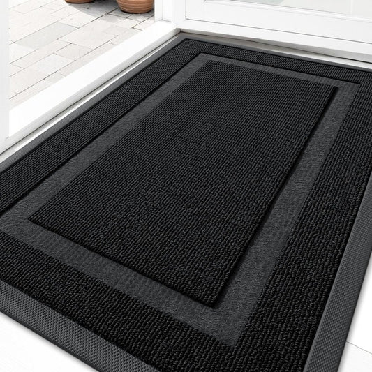 OLANLY Front Door Mat Indoor Outdoor Entrance, Waterproof All-Season, All-Weather Doormat, Sturdy Natural Rubber, Fade Resistant, Low Profile, Easy Clean Patio Porch Entryway Mat, 29.5x17, Jet Black