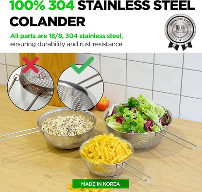 Premium 18/8 304 Stainless Steel Strainer Set of 3 - Micro-Perforated Design with Long Handle | Self-Draining Base for Pasta, Rice, Vegetables (1.5, 2.5, 4 Qt) - Made in Korea