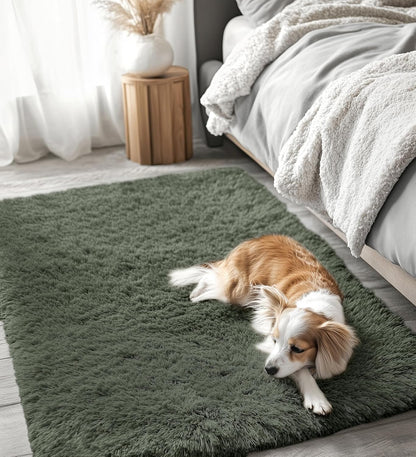 OLANLY 3x5 Soft Fluffy Shaggy Bedside Rug - Machine Washable Indoor Carpet for Kids & Nursery | Olive Green
