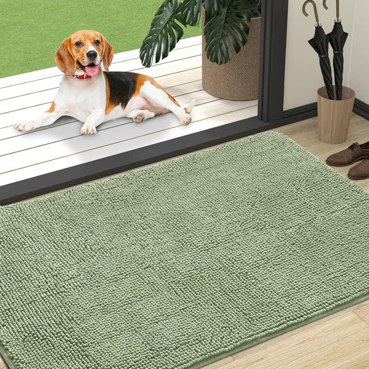 OLANLY Dog Door Mat - Absorbent Non-Slip Chenille Mat for Muddy Paws | 47x32 Inches, Sage Green