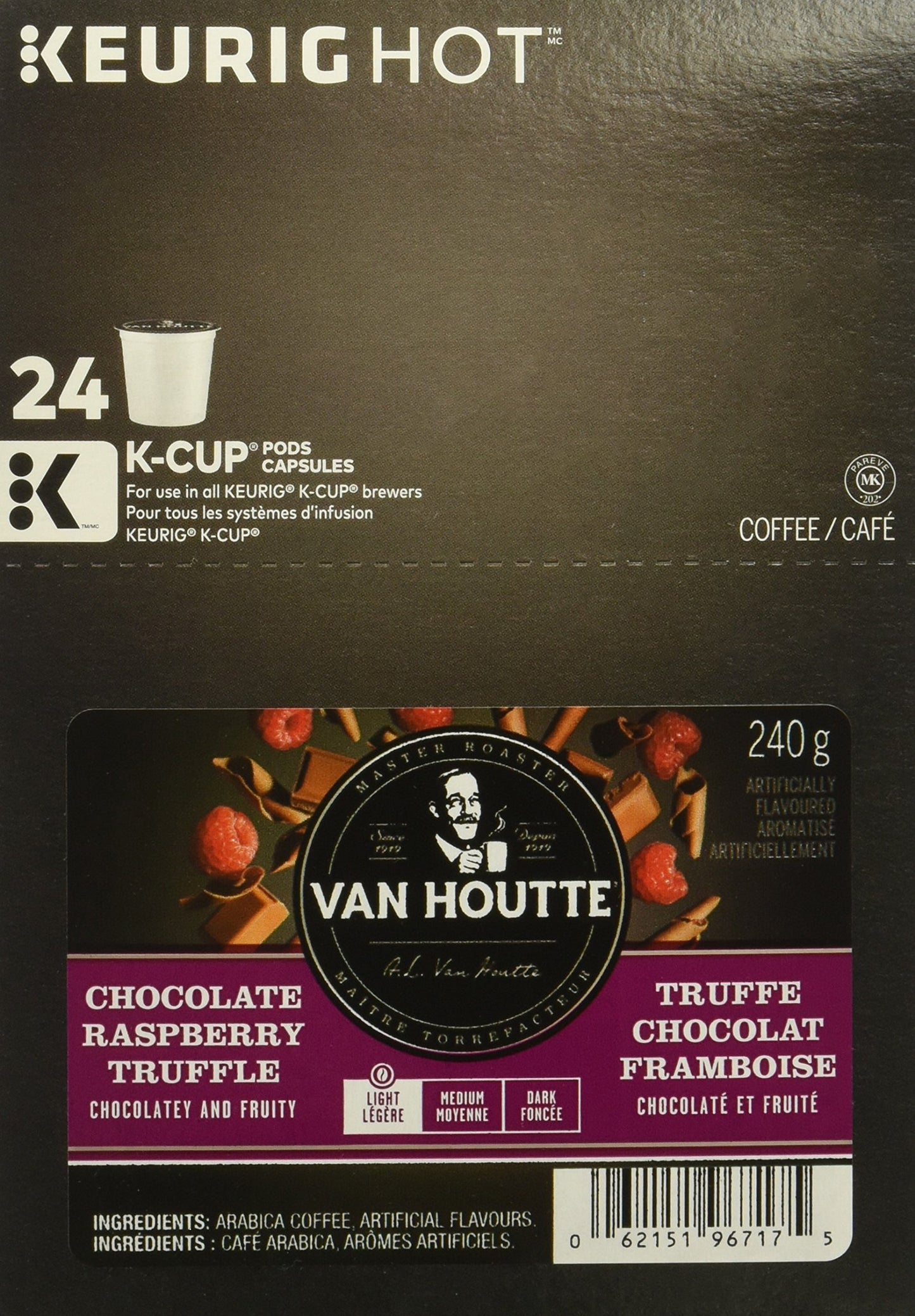 Van Houtte, Raspberry Chocolate Truffle, Single-Serve Keurig K-Cup Pods, Light Roast Coffee, 48 Count (2 Boxes 24 Pods)