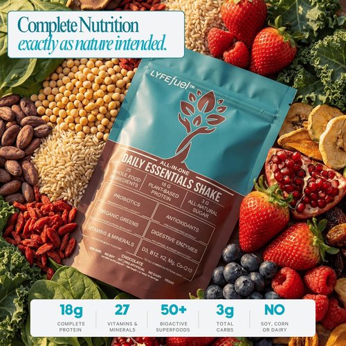 LyfeFuel Essentials Nutrition Shake - Plant-Based Protein Powder Meal Replacement | 18g Vegan Protein, 50+ Superfoods, 27 Vitamins & Minerals, Low Carb, Gluten-Free | 24 Servings Chocolate