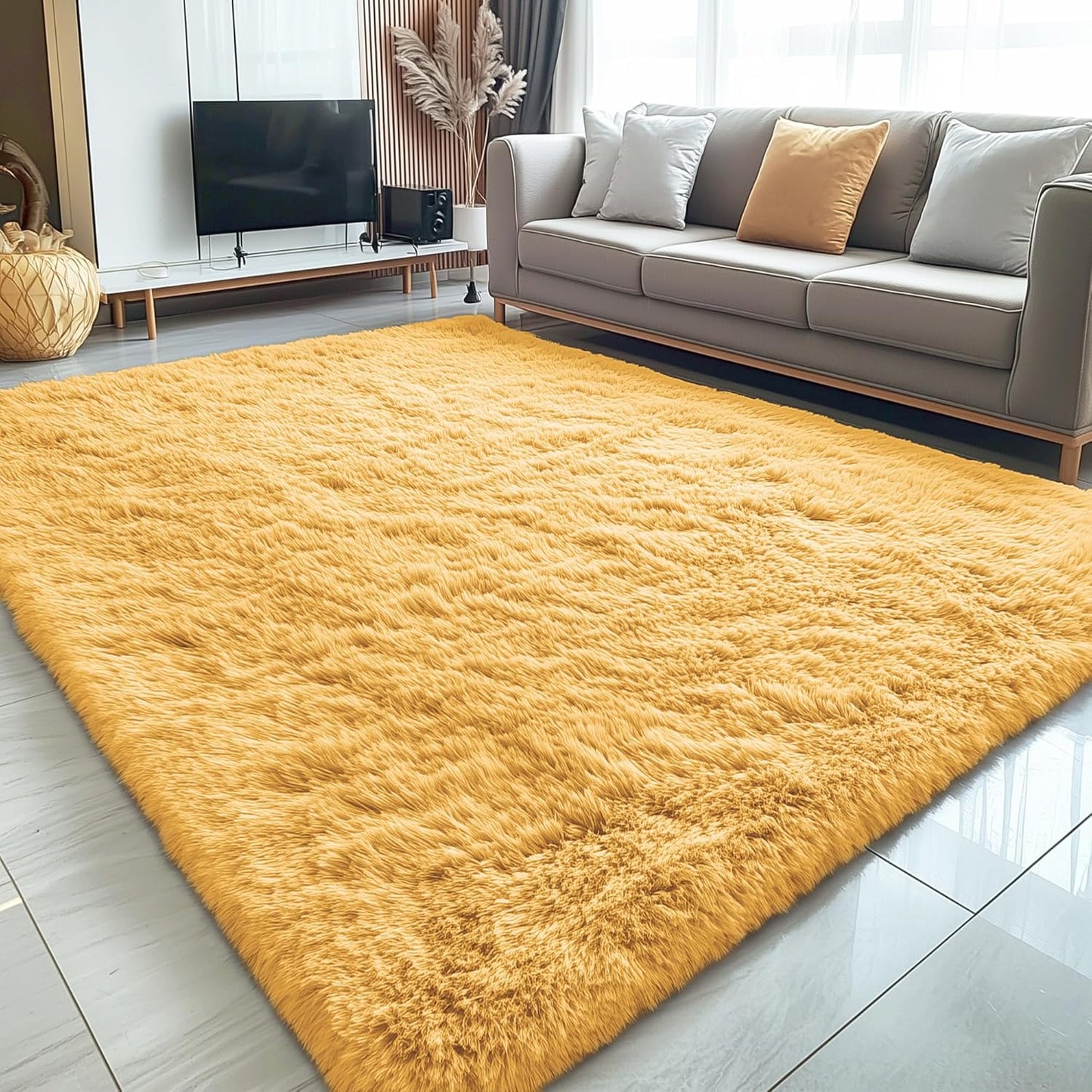 OLANLY Large 5x8 Machine Washable Area Rug - Soft Fluffy Shaggy Carpet for Living Room & Bedroom | Mustard Yellow