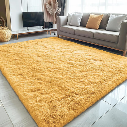 OLANLY Large 5x8 Machine Washable Area Rug - Soft Fluffy Shaggy Carpet for Living Room & Bedroom | Mustard Yellow