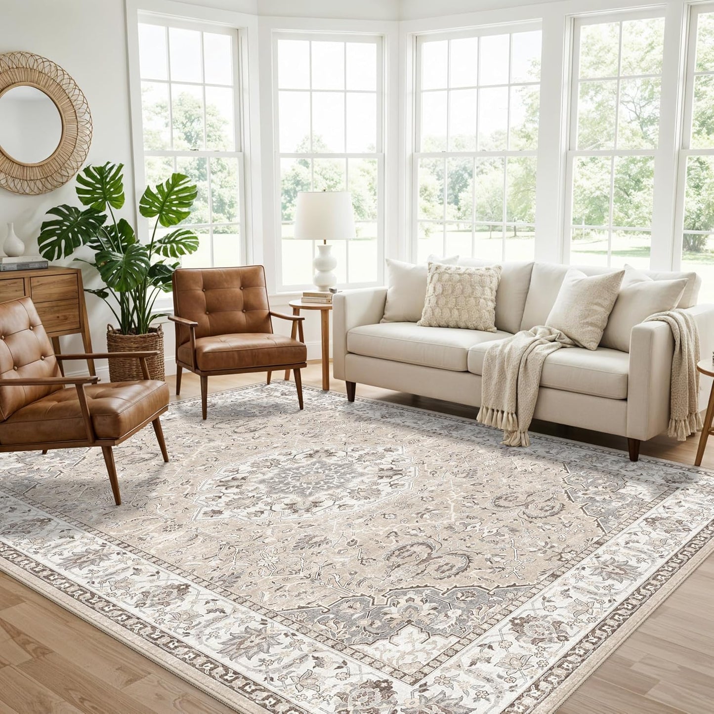 Skiennix 6x9 Area Rug - Ultra Soft, Washable Vintage Carpet | Stain Resistant, Non-Slip Design in Beige