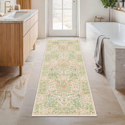 Hazo Haus Non-Slip Bathroom Runner Rug - Vintage Floral Design | Washable 24 x 72 Beige Green Mat