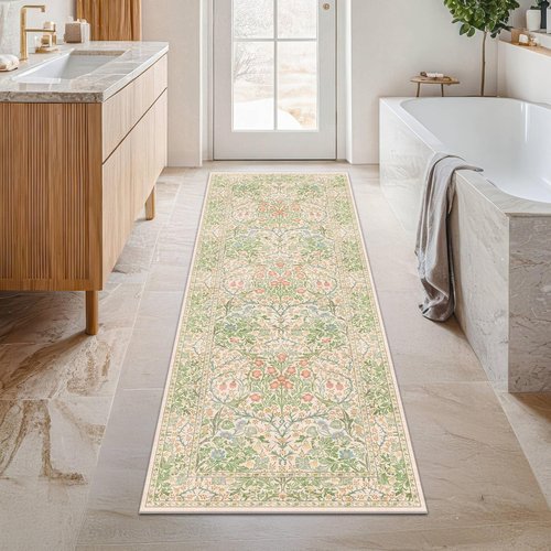Hazo Haus Non-Slip Bathroom Runner Rug - Vintage Floral Design | Washable 24 x 72 Beige Green Mat