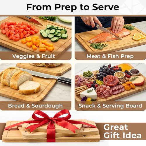 Bamboo Cutting Board Set - Thick, Durable Boards with Juice Grooves & Handles | Easy to Clean, Large Surface (Set of 3)