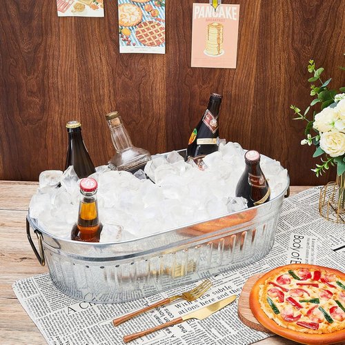 Lallisa 2 Pcs 5.3 gallons Galvanized Beverage Tub Galvanized Bucket Metal Ice and Drink Bucket with Handles Tub for Parties Farmhouse Home Pool Bar (Silver)