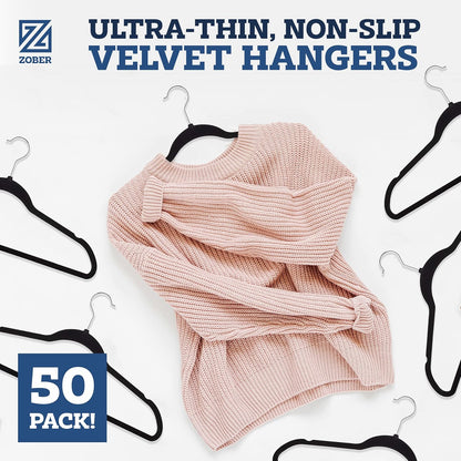 ZOBER Black Velvet Hangers - Non-Slip Clothes Hangers with 360° Swivel | 50 Pack, Holds Up to 10 lbs