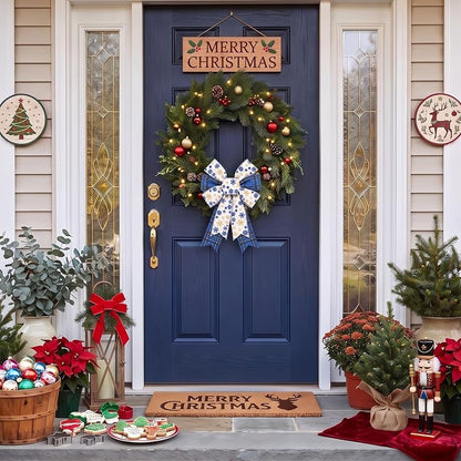 2 Pack Blue Burlap Christmas Wreath Bows - Snowflake & Plaid Decor Style1