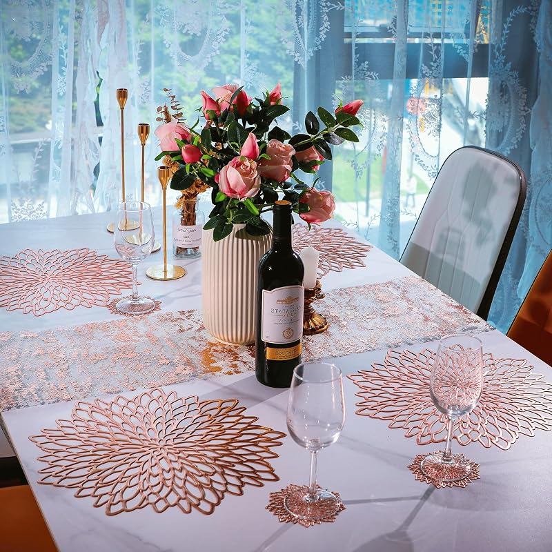 Rose Gold Placemats Set of 6 — 15" Round Metallic Vinyl Table Mats for Weddings & Events (Variation: Rose Gold+6)