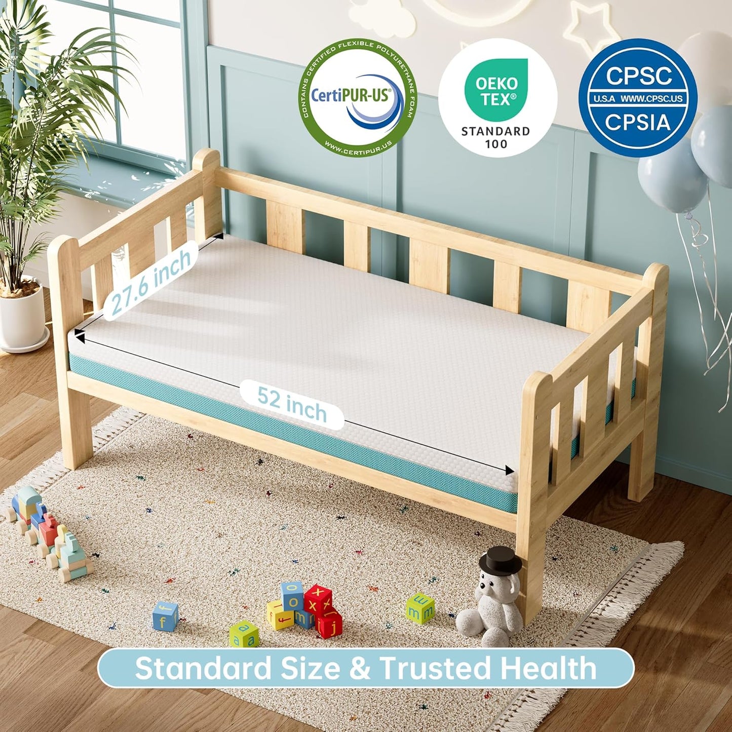 TeQsli Crib Mattress - Memory Foam Toddler Mattress with Breathable, Washable Cover | Standard Size 52 x 27.6 x 4.5 Inch