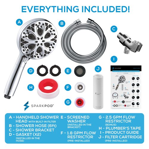 SparkPod 10-Mode Handheld Shower Head with Filter - 5" High Pressure Filtered Shower Head with Touch-to-Clean Nozzles, Built-In Power Jet, Stainless Steel 6ft Hose & Bracket (Polished Chrome)