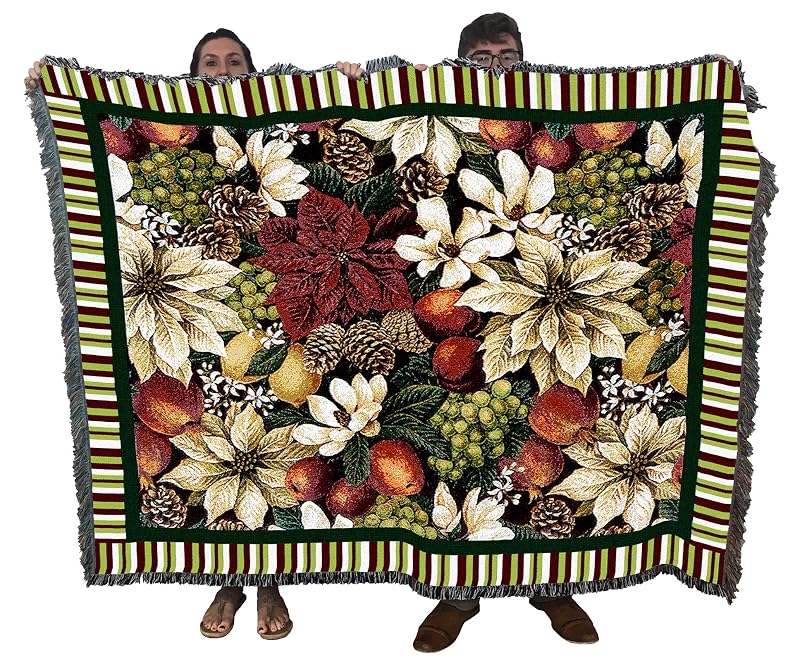 Magnolia Poinsettia Blanket 72x54 by Pure Country Weavers — Handmade Cotton Tapestry Throw, USA Made
