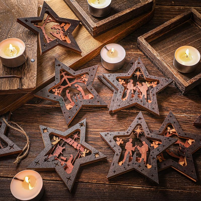 Spiareal 12 Pcs Christmas Nativity Ornaments - Dark Color Wood Set, 6 Styles