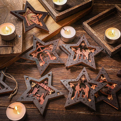 Spiareal 12 Pcs Christmas Nativity Ornaments - Dark Color Wood Set, 6 Styles