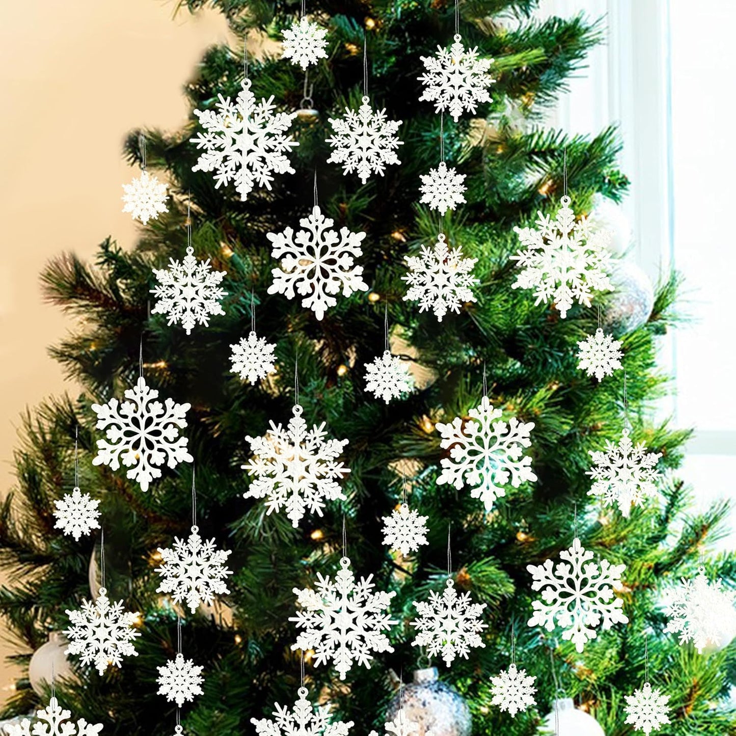 Skiennix Christmas Snowflake Decorations - 36pcs White Flocked Ornaments for Holiday Home Decor