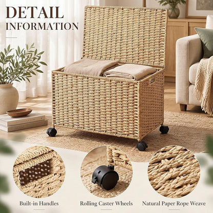 17.2 Gallon Wicker Storage Trunk Basket with Lid and Wheels – Natural Paper Rope, 65 L — Variation: Natural+17.2 Gallon/65 L+Paper