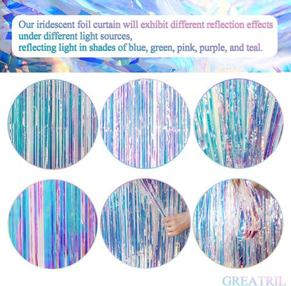 GREATRIL Iridescent Foil Fringe Curtains - 2 Pack with Pink Party Table Cloths for Stunning Backdrop Decor
