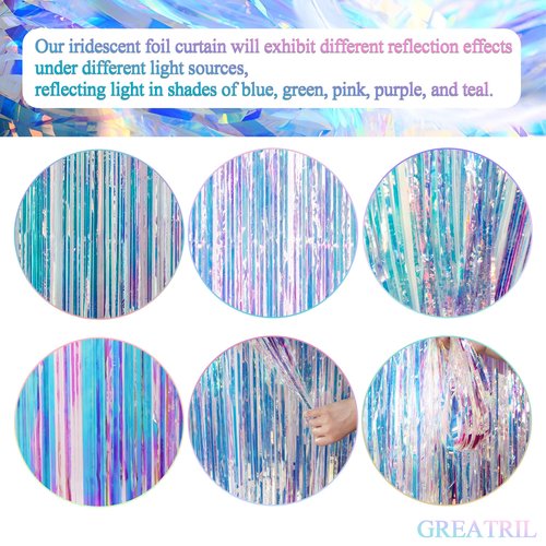Iridescent Party Streamers Backdrop - GREATRIL Neon Transparent Holographic Tinsel Foil Fringe Curtain for Mermaid/Frozen/Sea/Euphoria/ERAS Party Theme Decorations 3.2ft x 6.5ft 2 PCS