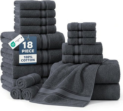 LANE LINEN 100% Mercerized Cotton Bath Towels Set - 18 Soft Towels for Spa & Home | Durable, Zero Twist, Cool Grey