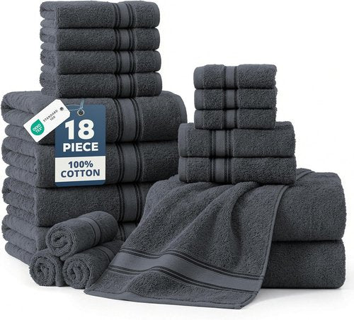 LANE LINEN 100% Mercerized Cotton Bath Towels Set - 18 Soft Towels for Spa & Home | Durable, Zero Twist, Cool Grey