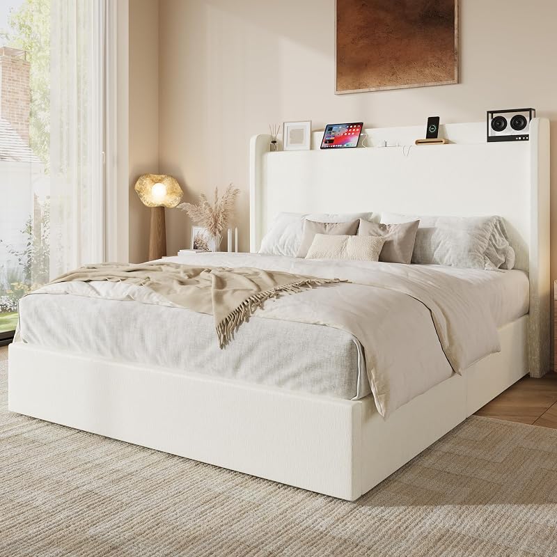 Queen Bed Frame with Chenille Storage Headboard and USB Ports - White (Variation: White+Queen)
