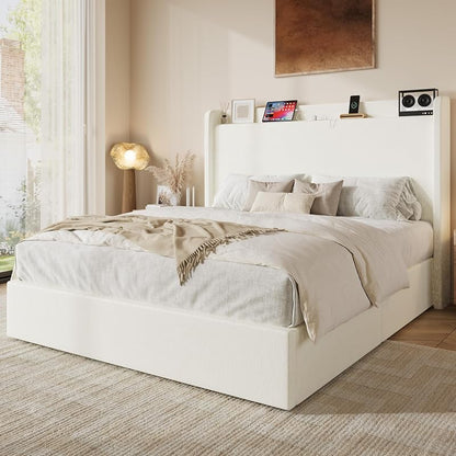Queen Bed Frame with Chenille Storage Headboard and USB Ports - White (Variation: White+Queen)