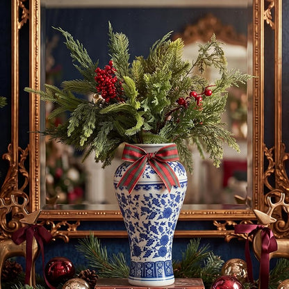 Blue and White Chinoiserie Vase with Plaid Ribbon Decor Set