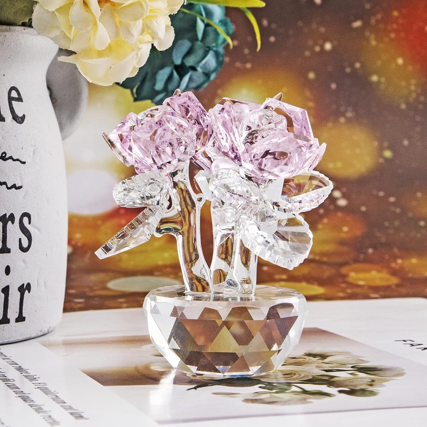 QFkris Pink Crystal Rose Bouquet | Elegant Glass Flower Figurine for Home Decor - 2.8" Ornament for Women