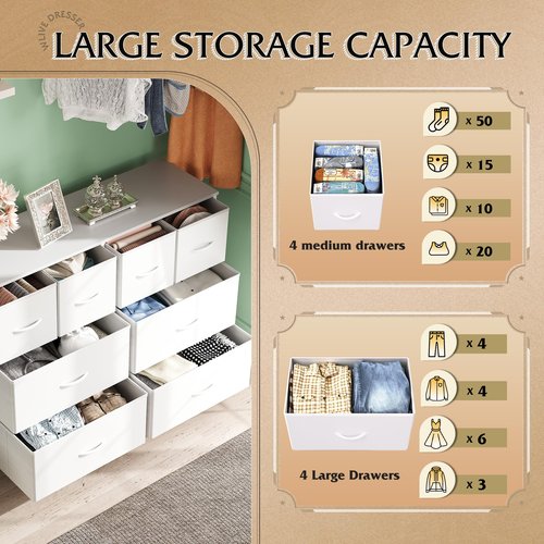 WLIVE Dresser for Bedroom with 8 Drawers, Wide Fabric Dresser for Storage and Organization, Bedroom Dressers, Chest of Drawers for Living Room, Closet, Hallway, White