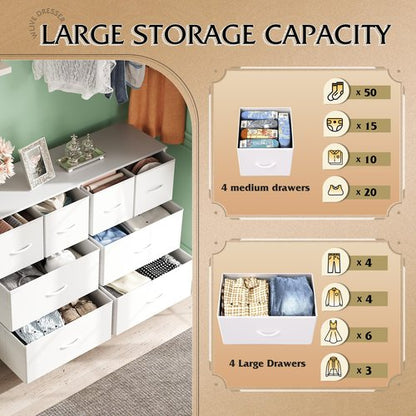 WLIVE Dresser for Bedroom with 8 Drawers, Wide Fabric Dresser for Storage and Organization, Bedroom Dressers, Chest of Drawers for Living Room, Closet, Hallway, White