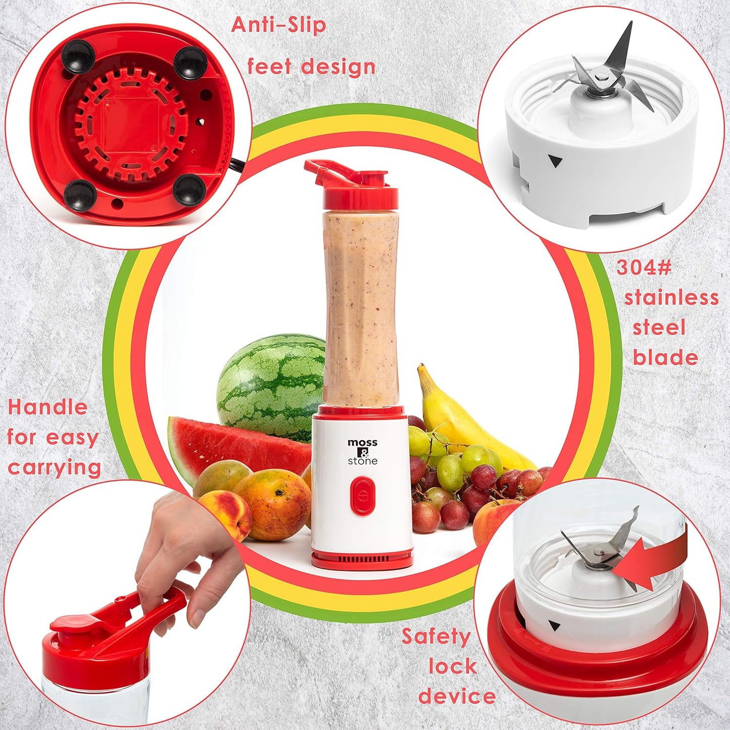 Moss & Stone Single Serve Blender - Compact 20 Oz Design in White & Red for Easy Blending