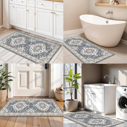 Skiennix Vintage Entryway Runner Rug - Non-Slip, Water-Resistant, Ultra-Thin Design | 2x4 ft, Blue