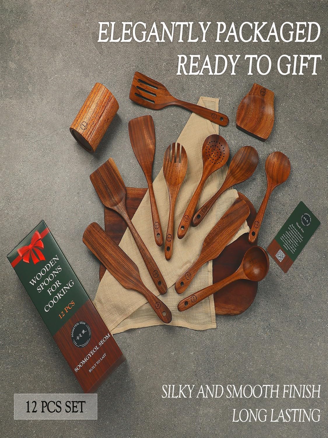 Skiennix 12-Piece Natural Teak Wood Utensil Set - Nonstick Cooking Spoons & Heat Resistant Tools