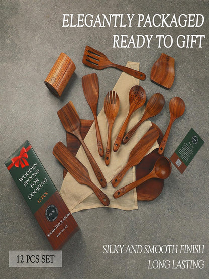 Skiennix 12-Piece Natural Teak Wood Utensil Set - Nonstick Cooking Spoons & Heat Resistant Tools