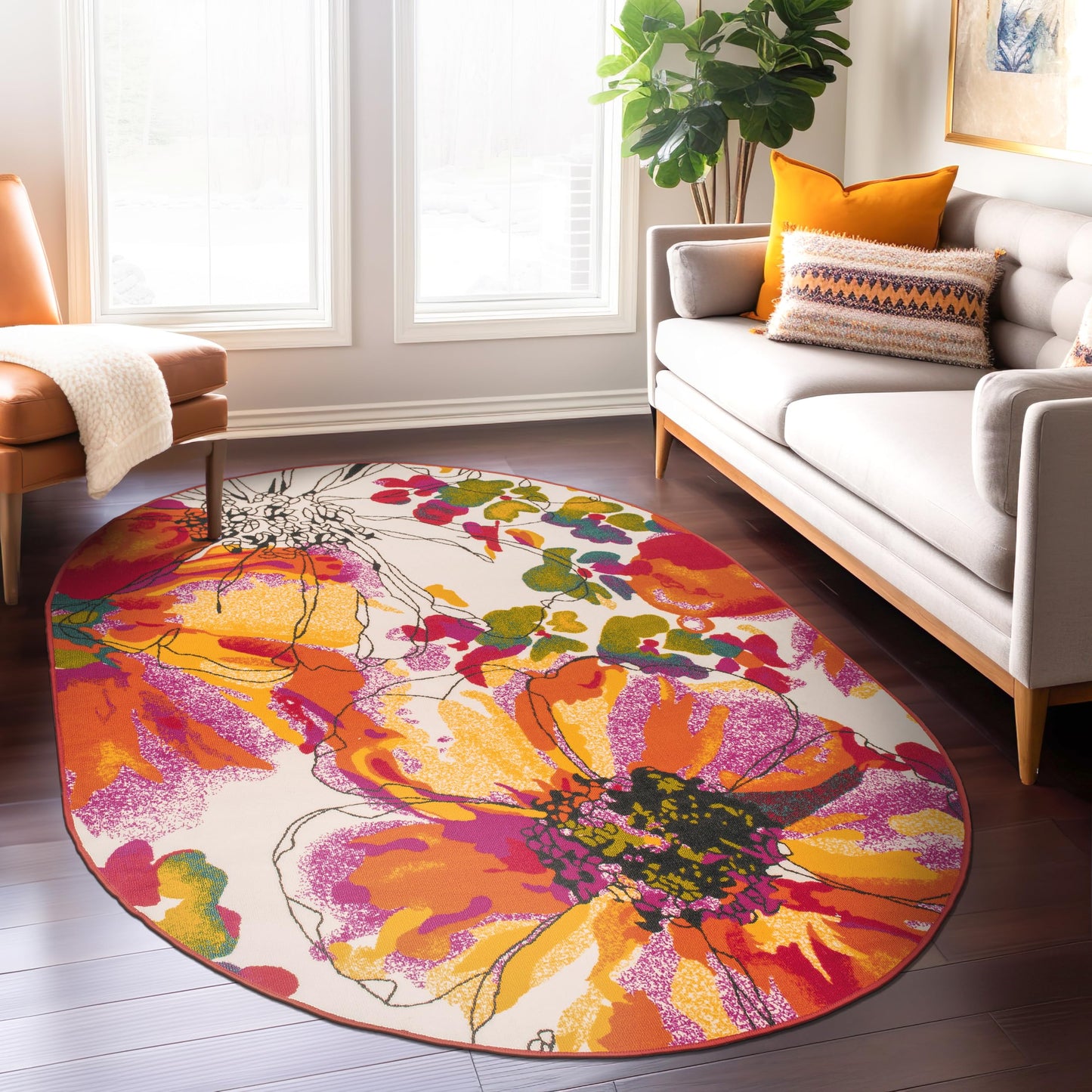 Rugshop Modern Bright Flowers Non-Slip (Non-Skid) Oval Area Rug 5' x 7' Multi