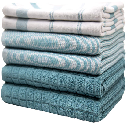 Premium Kitchen Towels (20”x 28”, 6 Pack) – Large Cotton Kitchen Hand Towels – Flat & Terry Towel – Highly Absorbent Tea Towels Set with Hanging Loop (Teal Check)